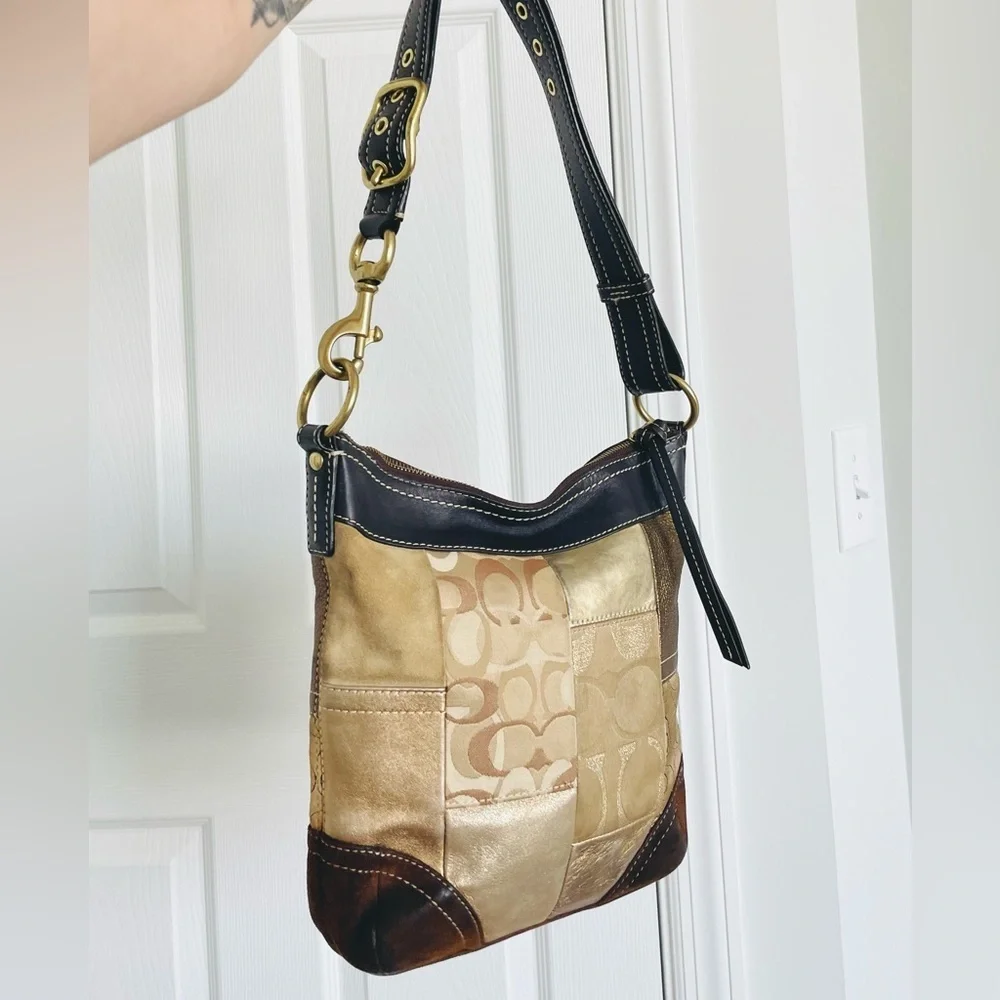 Coach Vintage Hobo Y2K Shoulder Bag Gold Brown‎ Patchwork Suede Leather Purse